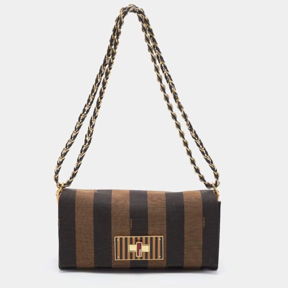 Fendi Tobacco Pequin Canvas and Leather Small Claudia Shoulder Bag